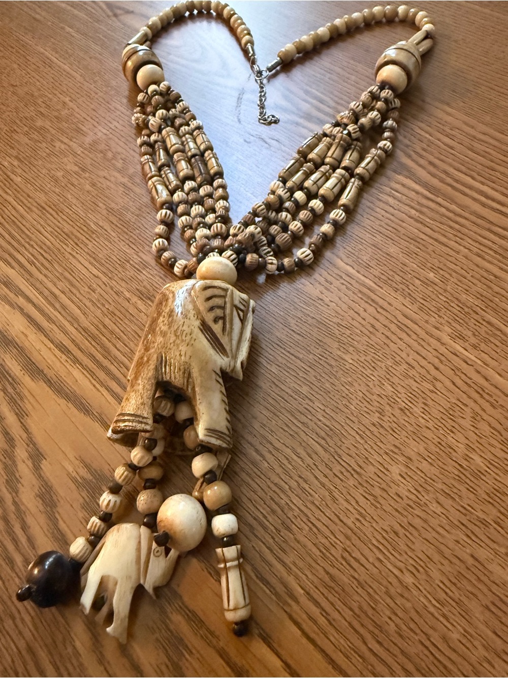 Boho Carved Elephant Pendant Multi-Strand Beaded Necklace - Natural Bamboo Poly